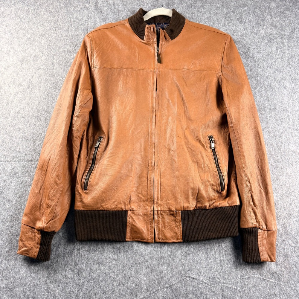Mario Hernandez Leather Bomber Jacket Tan Brown Mens SZ 40 Zip Front Ribbed Trim - Picture 3 of 16